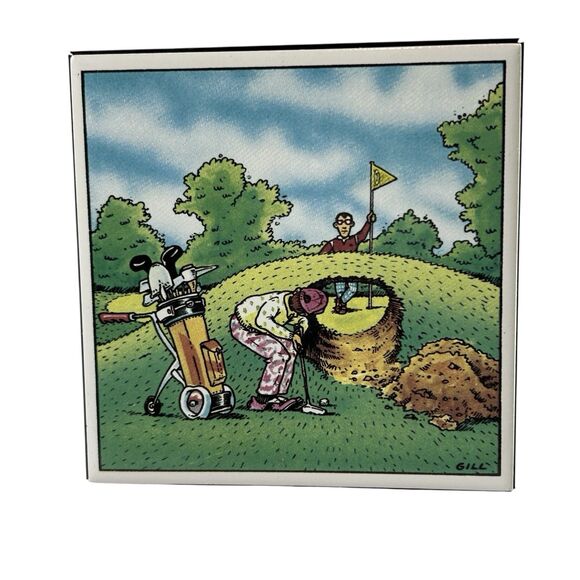 Vintage Funny Golf Golfer Tile Plaque with Stand Gill 4 1/2" Square Taiwan 1988 - Picture 1 of 6